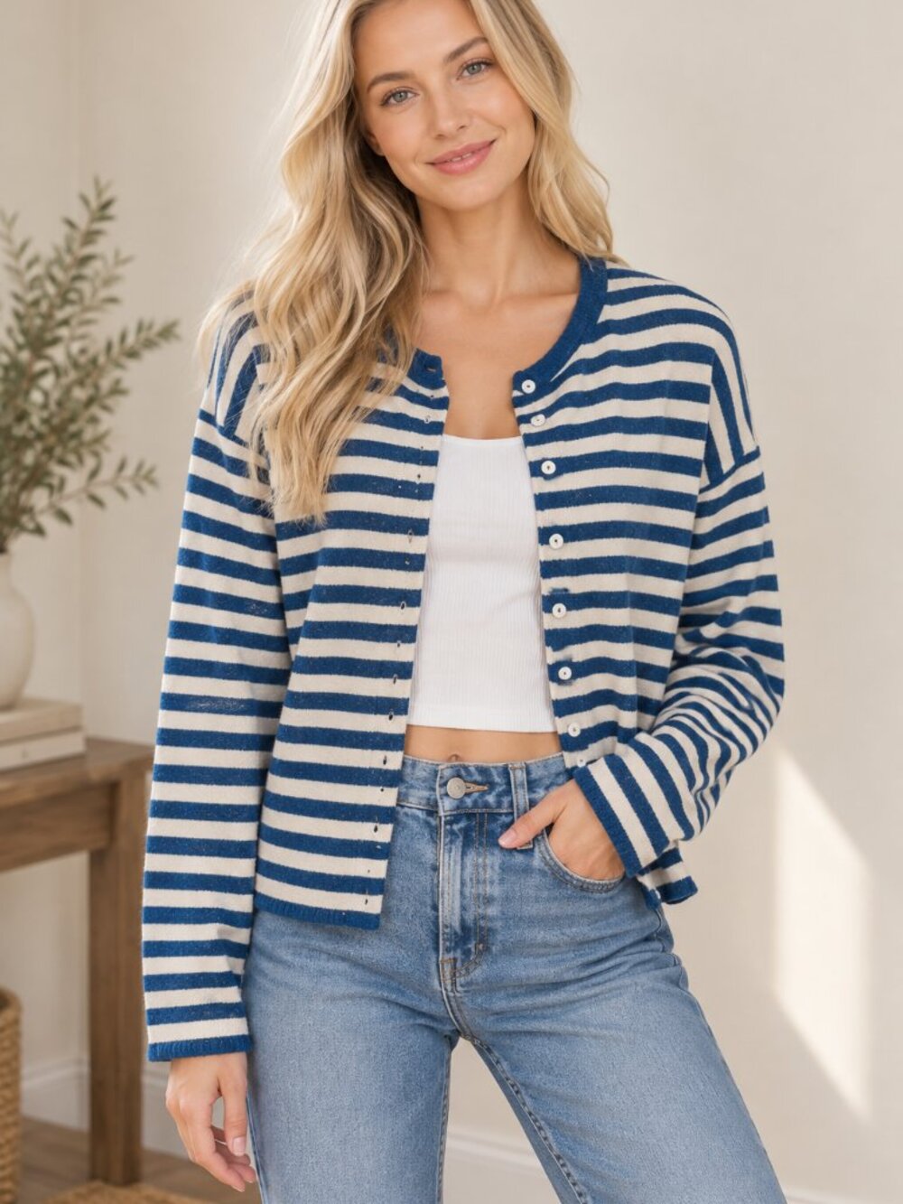 692. Women's Dark Navy Striped Wool Blend Cardigan Sweater